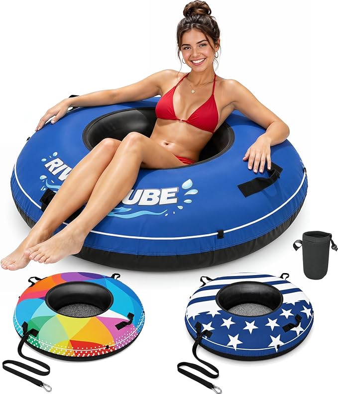 ZEALFEEL River Tube, 48'' Heavy Duty Rubber River Float Tube with Commercial Grade Inner Tube, Premium Canvas Cover, Removable Cup Holder & Tow Strap, Inflatable Tube for Adults Lake Pool Floating