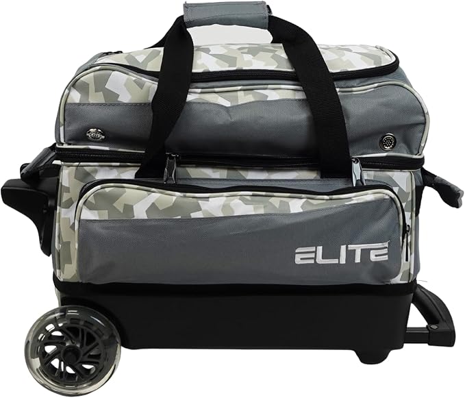 ELITE Deluxe 2 Ball Bowling Bag with 5" Smooth Wheels - Large Accessory Pocket, Shoe Compartment, 36" Extendable Handle