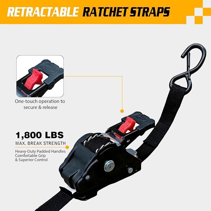 Retractable Ratchet Straps (2-Pack) - 1'' x 11.5' (1,800lb Break Strength) - Heavy Duty Auto Self Retracting Tie Down Straps for Truck, Cargo Trailer, Motorcycle, Rad & More - Black
