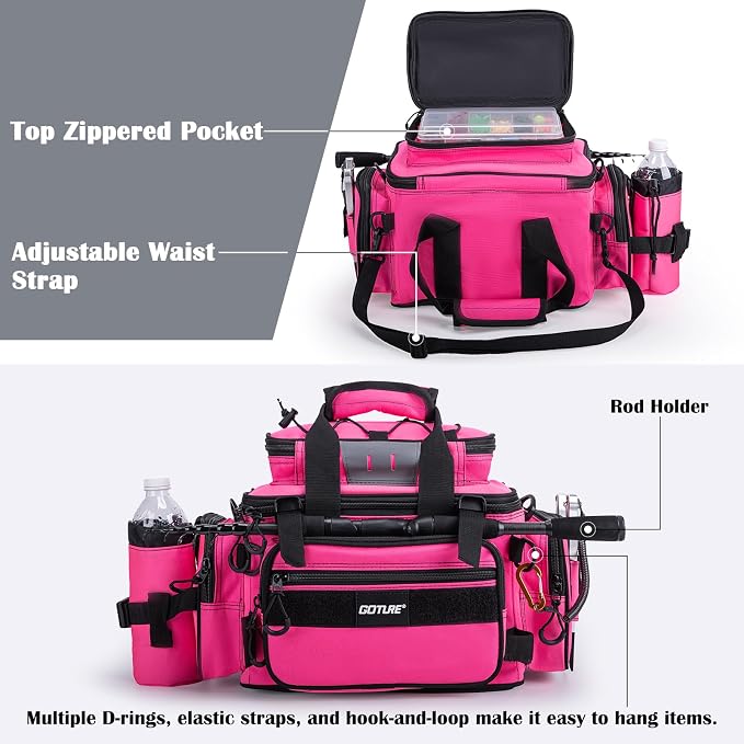 Goture Fishing Tackle Bag with 4 Tackle Boxes, Soft Side 600D Water-Resistant Cross Body Sling Fishing Bag with Rod Holder, Small Saltwater Gear Storage Tactical Bags, Gifts for Men/Women