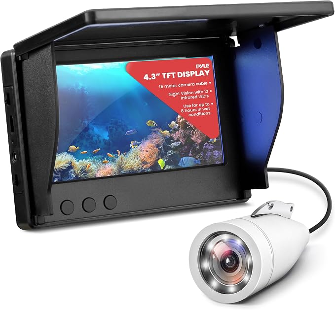 Pyle Underwater Fishing Camera, 4.3'' LCD Monitor, 1000TVL, IP68 Waterproof, 12 Infrared Lights, Removable Sun-visor, Includes Carrying Case, Ideal for Ice/Ocean/Lake Fishing