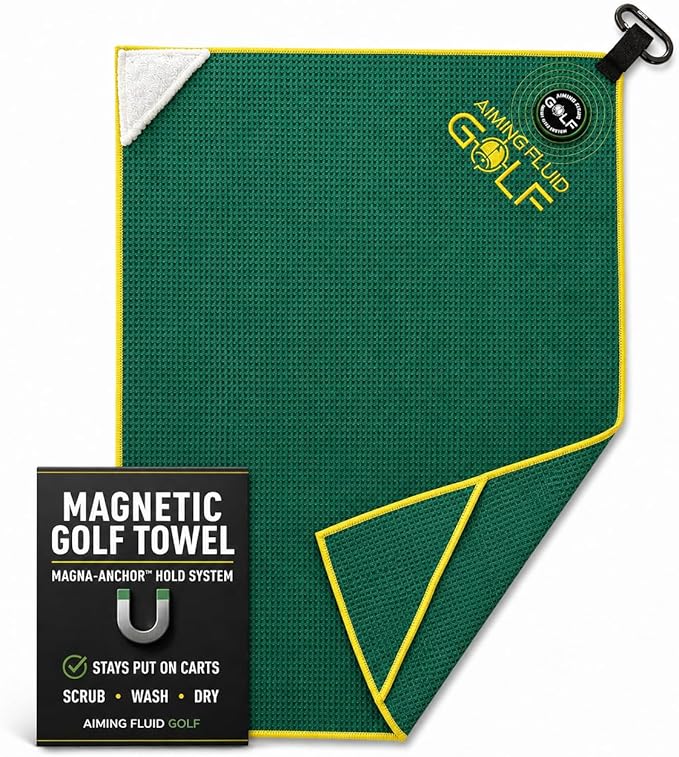 Multi-Function Magnetic Golf Towel I Wash Pocket I Magna-Anchor Technology I Waffle Pattern I Scrub Pad I (16" x 24" Blue Magnet) (Augusta, 16" x 24" Stubby)