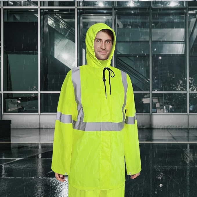 High Visibility Rain Coat and Pants, High Vis Rain Suit for Men, Waterproof Rain Jacket with Hood, Class 3 Lightweight Hi Vis Rain Gear for Outdoor & Safety Work, Men Women, Yellow B, S-M