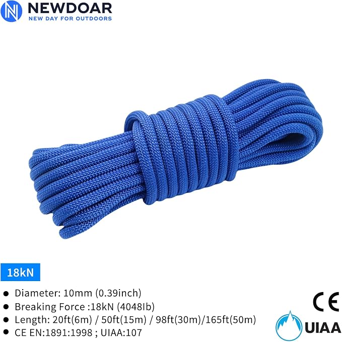 NewDoar Static Climbing Rope - 8mm (5/16c) / 10mm (3/8”) Double Braid Accessory Cord for Rock,Hauling, Prusik, Survival - Pre-Cut 20FT, 50FT, 100FT, 165FT Lengths - Outdoor, Fire Rescue Equipment