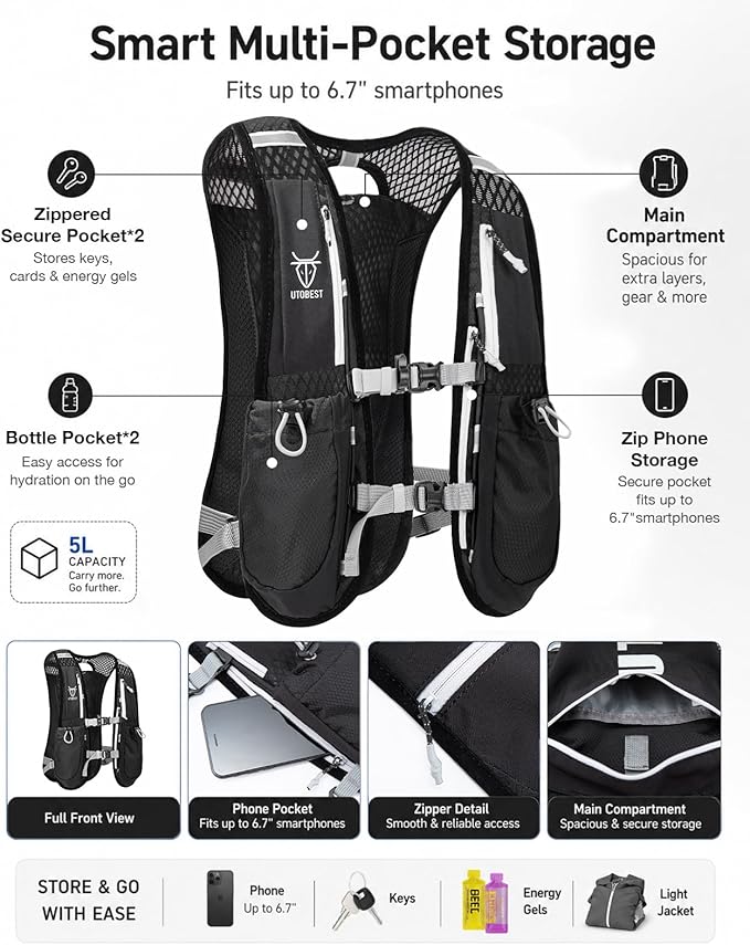 UTOBEST Running Vest, 5L Hydration Vest Lightweight, Breathable and Sweatproof Running Backpack, Adjustable Running Hydration Vest for Trail Running Marathon Race Jogging Cycling