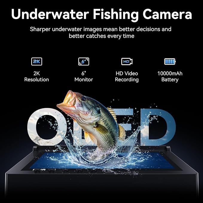 2K DVR Underwater Fishing Camera with Recording 6" OLED Sun-Readable Display | 10000mAh Battery, 220° Wide Angle, IR Night Vision | Professional Portable Kit for Ice & Boat Fishing