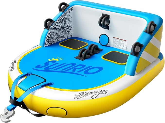 2025 Upgrade Towable Tubes for Boating 1-3 Riders Inflatable Water Sport Towable Tube for Boat Heavy Duty Nylon Cover with Zipper Bolster Fins Safety Air Valve Padded Handle
