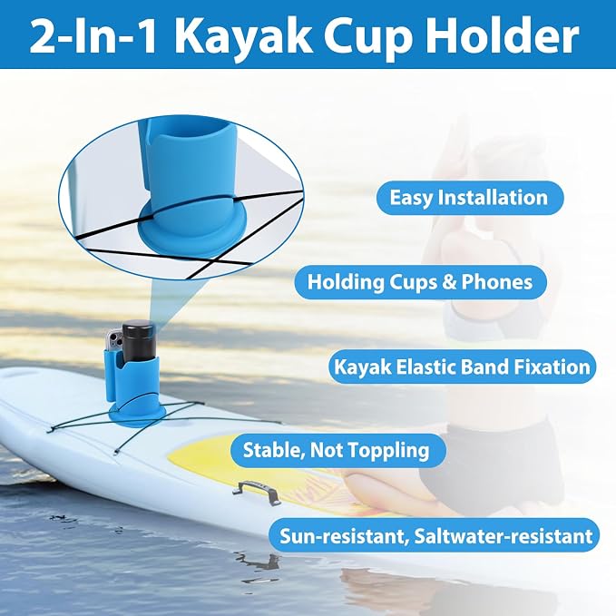 2Pack Paddleboard Cup Holder, Paddle Board and Kayak Drink Holder, 2-in-1 Drink & Phone Holder, Paddleboard Accessory for Surfboards, Canoes, SUPs, Kayaks, Boats (Blue)
