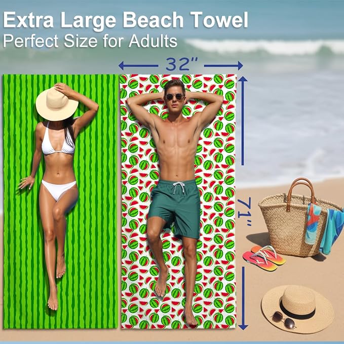 2 Pcs Microfiber Beach Towel Sand Free Quick Dry Oversized Watermelon Rind Striped Summer Style Green Lime Lightweight Bath Towels for Travel Pool Swim Camping 71 x 32 Inches