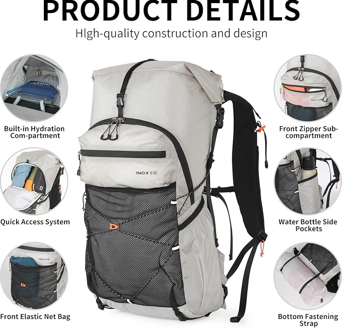IX INOXTO Hiking Backpack for Men and Women, 30L Waterproof Camping Backpack with 3L Water Bladder and Rain Cover, Lightweight Outdoor Sport Travel Daypack Rucksack for Climbing Cycling (Light gray)