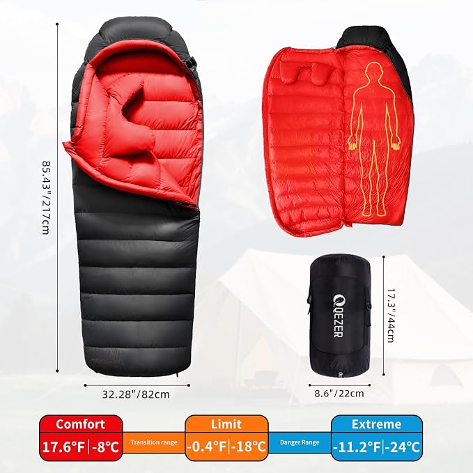 Down Sleeping Bag for Adults 620 Fill Power 0 Degree Sleeping Bag Cold Weather Ultralight with Pouch for Backpacking, Camping, Hiking