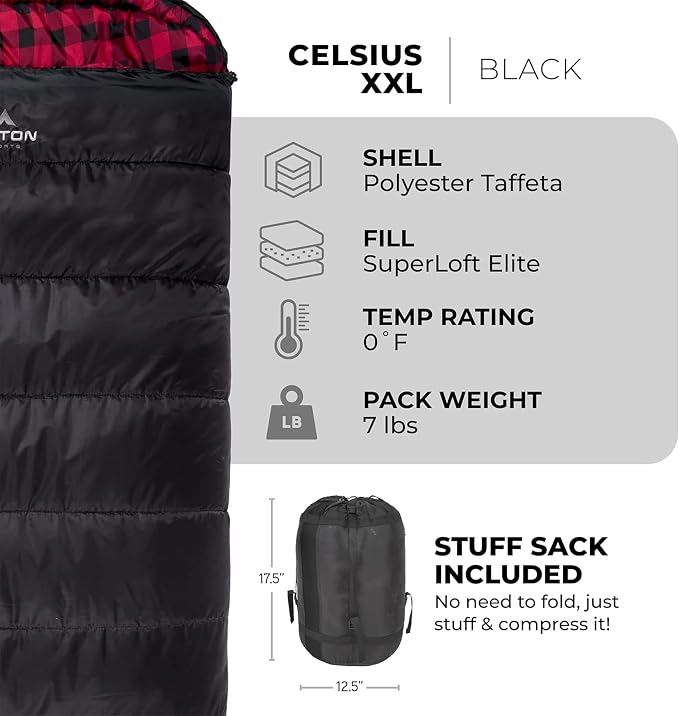 Teton Celsius XXL Sleeping Bag, Cold Weather Sleeping Bags for Adults and Kids, Camping Made Easy and Warm. Compression Sack Included