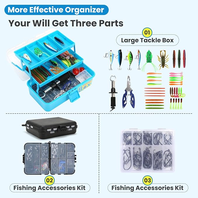 3-Layer Fishing Tackle Box Kit with Accessories Case and Tools | 1.Included fish gripper, split ring pliers 2. Larger Tools Can Be Placed 3.Suitable for beginners and as a gift for angle