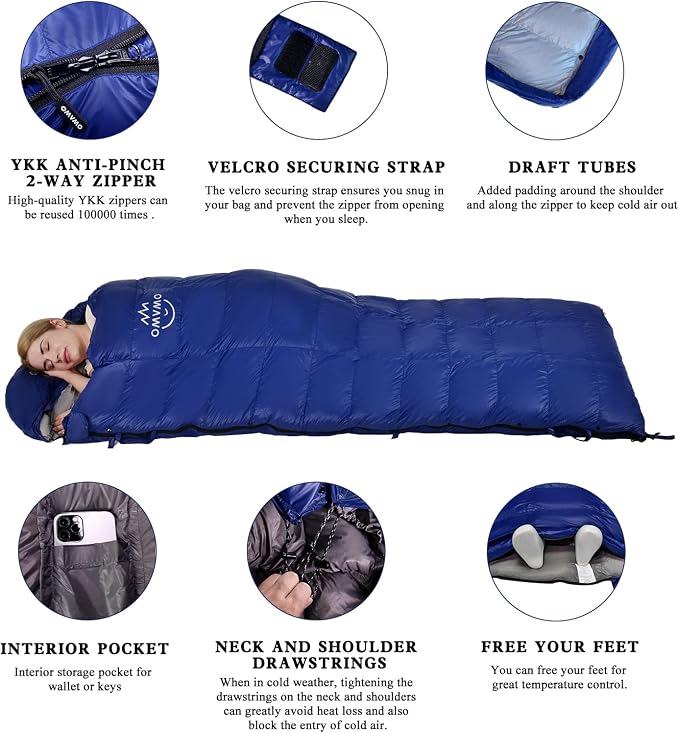 0 20 Degrees F Down Sleeping Bag for Adults,4 Season Rectangle Down Sleeping Bag for Camping Hiking
