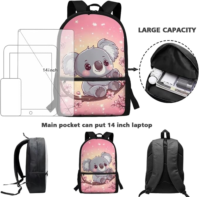 Kids Bookbag Cute Cherry Blossom Sloth Backpack and Lunch Box Set Girls Bookbag with Lunch Box and Water Bottle Holder Pencil Case Set 4 in 1 Back to School Supplies