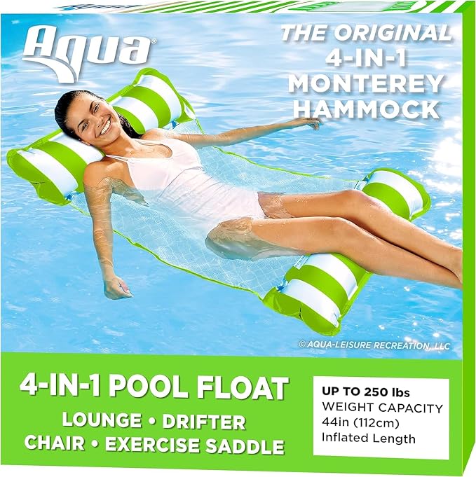 Aqua 4-in-1 Monterey Hammock Pool Float & Water Hammock, Multi-Purpose, Inflatable Pool Floats for Adults, Patented Thick, Non-Stick PVC Material, Lime Green/White Stripe