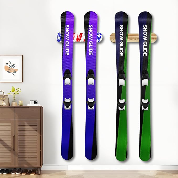 Wooden Ski & Snowboard Wall Mount Horizontal, Skateboard Wall Rack with Screws, Snowboard Display Stand, Indoor Snowboard Storage for Room, Garage (1, charcoal color)