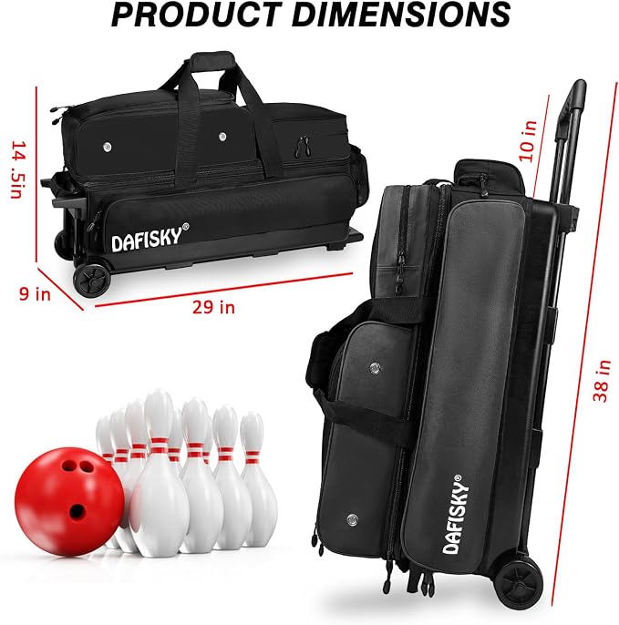 DAFISKY 3 Ball Bowling Bags with Wheels, Roller Bowling Bag with Multiple Pockets Retractable Handle Extends to 38‘’