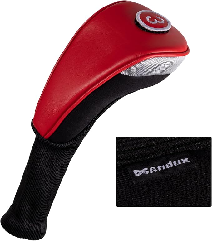 Andux 3pcs/Set PU Golf Wood Club Head Covers with Long Neck | for 460cc Driver Fairway Wood Club with Hook & Loop No. Tags Coloured Piping Pull-On Closure