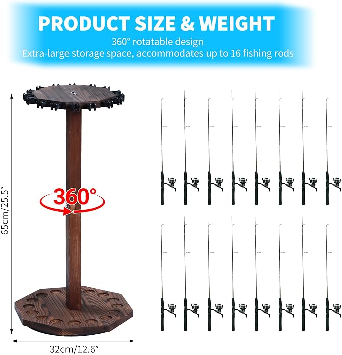 360° Rotating Natural Wood Fishing Rod Holder, Round Floor-Standing Fishing Rack Stores 16 Rods, Fishing Pole Storage Organizer for Garage, Basement, or Shed, Easy to Install