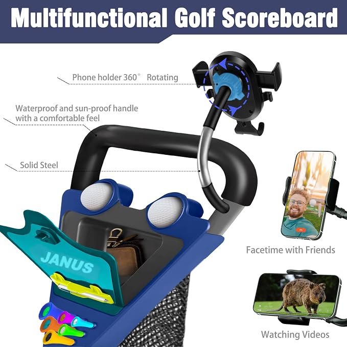 JANUS Pace Golf Push Cart with Integrated Gooseneck Viewing System, 3-Wheel Foldable Golf Cart with One-Click Folding System, EVA Wheels, Foot Brake, Cooler Bag & Golf Bag Support System