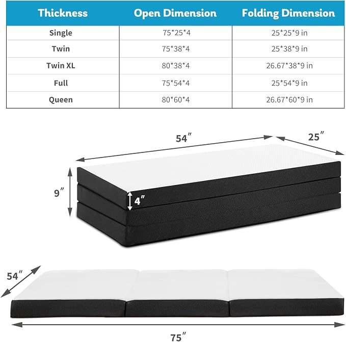 Tri-Fold Full Memory Foam Pads, 4 inch Folding Topper with Washable Cover, Portable Non-Slip Guest Floor Bed for Camping Travel – Ideal for Overnight Guests, RV, and Outdoor Adventures
