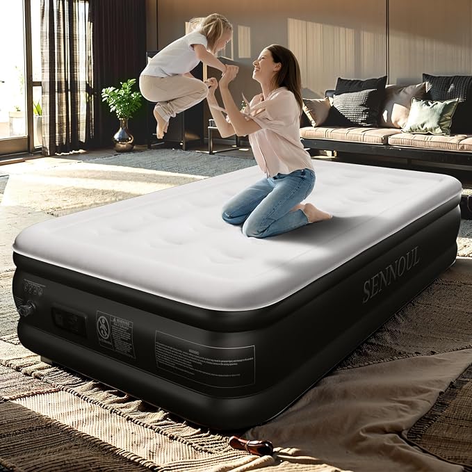 SENNOUL Air Mattress Twin with Built in Pump - Upgraded Single Blow Up Bed, 2 Mins Quick Self Inflatable, 18"/550lbs Max, Strong Support, Flocked Top, Puncture Resistant, for Camping,Home,Guests