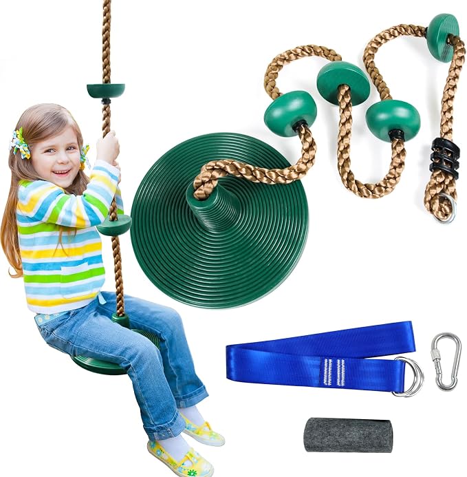 Tree Swing for Kids,Climbing Rope with Platforms,Disc Swing Seat Set Outdoor Playground Accessories for Kids-Include Carabiner, 4ft Tree Strap and Tree Protector