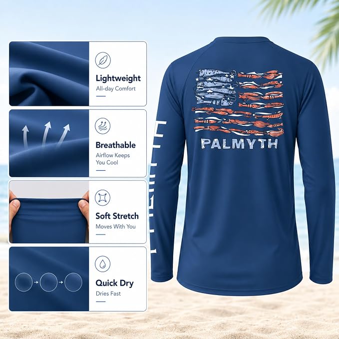 Palmyth Fishing Shirts for Men Long Sleeve UPF 50+ T Shirt Sun Protection | Quick Dry, Sun Protection, Myth-Cool Fabric, Fish Print, Moisture Wicking, Stretchy, Breathable, Fishing,Boating,Outdoor Wear