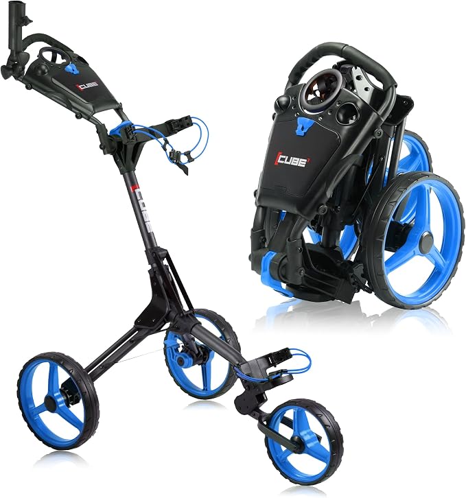 CUBE CART 3-Wheel Golf Push Cart – Ultra-Compact 14.5 lb Folding Golf Trolley, Two-Step Fold, Adjustable Handle, Foot Brake, Umbrella Holder & Built-in Storage