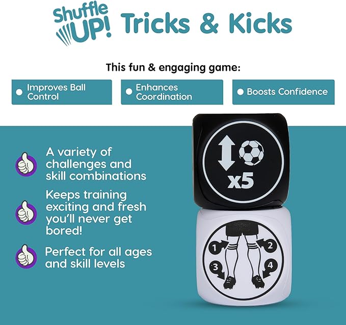 Shuffle Up Tricks & Kicks Dice Soccer Game - Soccer Gadgets, Trainer, Fun Training Equipment for Kids, Gifts for Boys and Girls Ages 7-12, Indoor Outdoor Family Games, 2 Kick Ups Football Dice