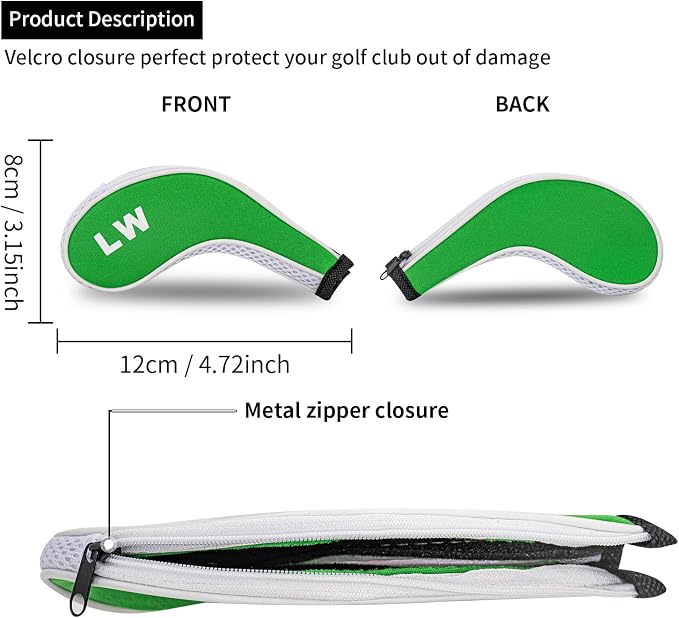 Golf Club 12pcs Thick Synthetic Zipper Long Neck Set Headcover Fit The Most Brands, Side Number Golf Iron Club Head Cover LW SW PW Covers #3,4,5,6,7,8,9