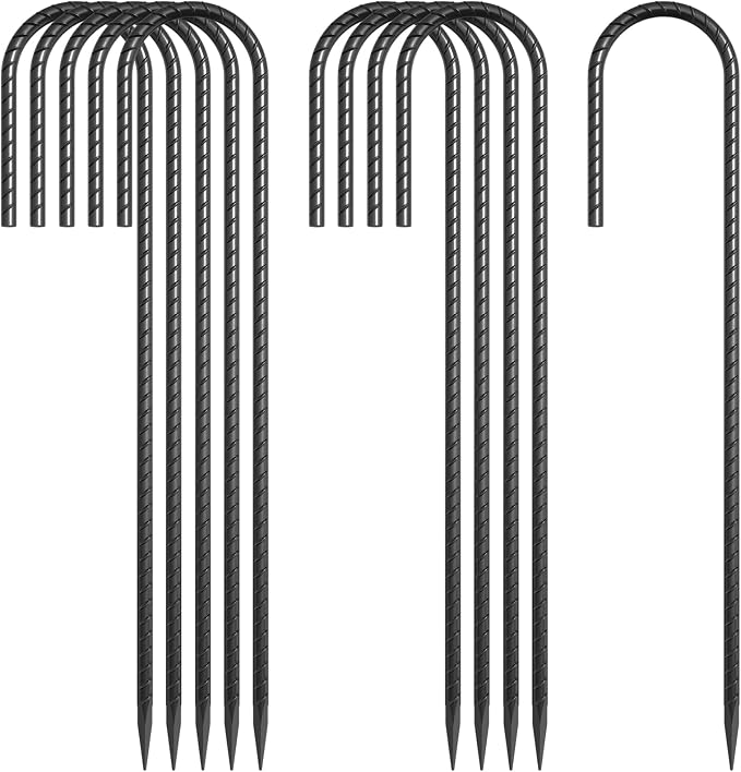 16 Inch J Hook Rebar Stakes 30 Pack, Heavy Duty 5/16 Inch Diameter Black E-Coated Steel Wind Resistant Ground Anchors for Trampoline, Bounce House, Dog Kennel, Chain Link Fence & Gazebo