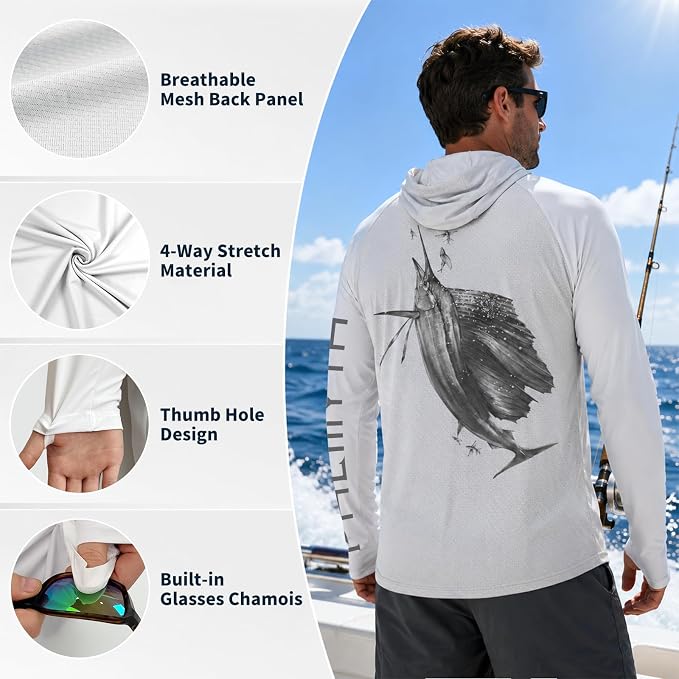 Palmyth Men's Fishing Hoodie Shirt UPF 50+ Quick-Dry Breathable Long Sleeve | Long Sleeve Fishing Shirt, UPF 50+ Sun Protection, Quick-Dry Fabric, Breathable Mesh Back, Built-in Face Mask, 4-way Stretch