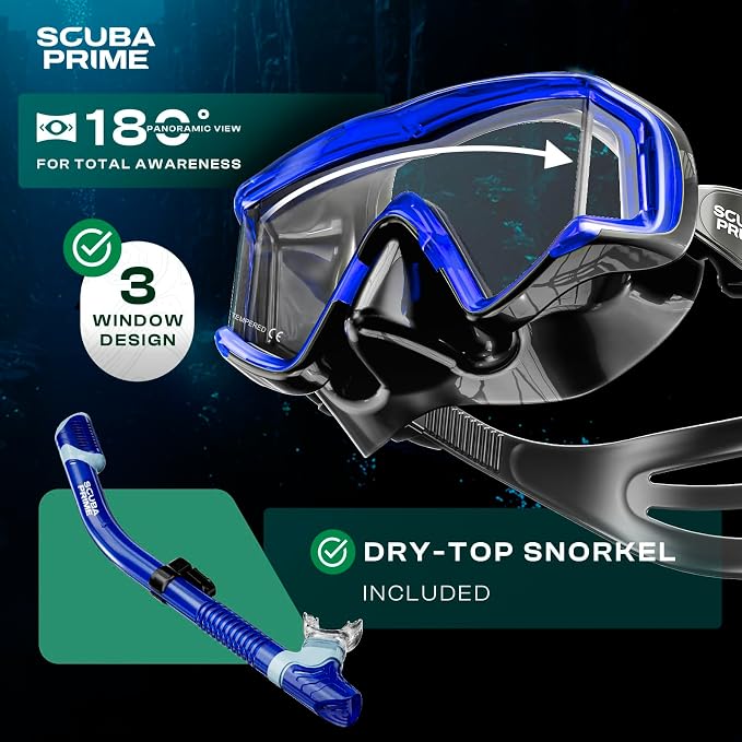 Pano 3 180° Panoramic Dive Mask, Three-Window Tempered Glass Scuba Mask with Dry Top Snorkel, Dual-Layer Silicone Skirt Anti-Leak Diving Gear for Men Women Teens Adults, 4 Color Options
