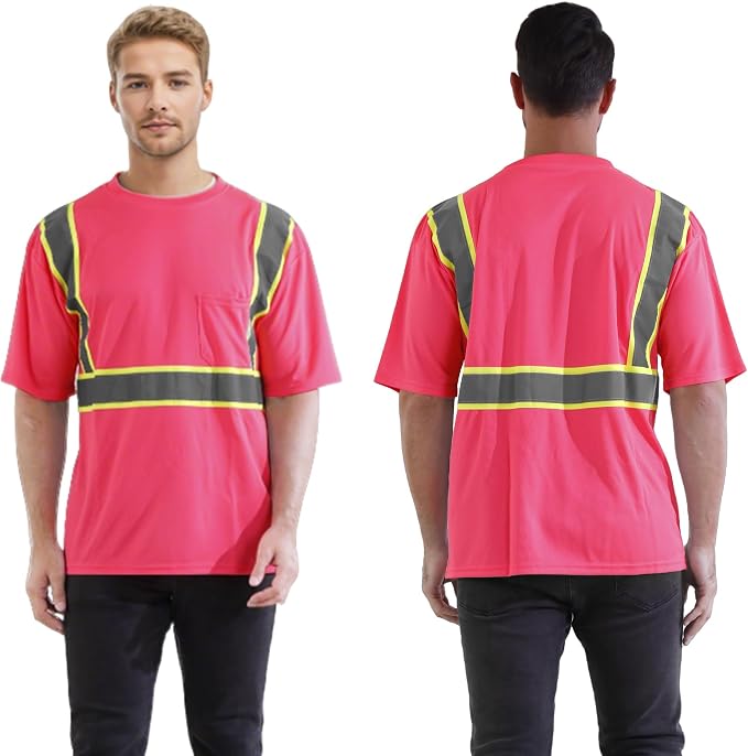 W&H Hi Vis Safety Short Sleeve Shirts Class 2 Reflective Birdeyes Fast Dry Breathable with Black Base for Work
