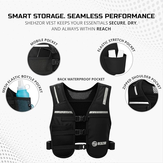SHEHZOR Hydration Running Vest + 500ml Soft Flask | 9-Pocket Zero-Bounce Trail Running Backpack | Breathable Mesh Tactical Chest Rig for Marathons, Hiking | Unisex Adjustable