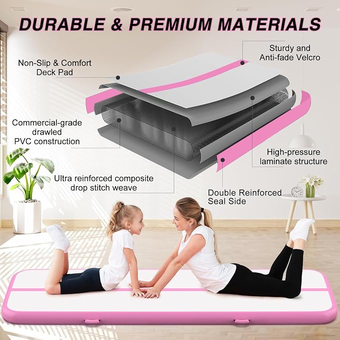 Air Gymnastics Tumbling Mat, 6.6ft/10ft/13ft/16ft/20ft Inflatable Track Mat for Home/Outdoor Training, 4/8 inch Thick Gym Mat with Electric Pump for Kids & Adults
