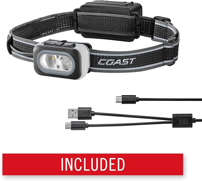 Coast RL20R 1000 Lumen Tri-Color LED Rerchargeable Headlamp with Flood and Spot Beams, Variable Light Control, Fixed Focus, Ultra-Strap, Red/Green Modes