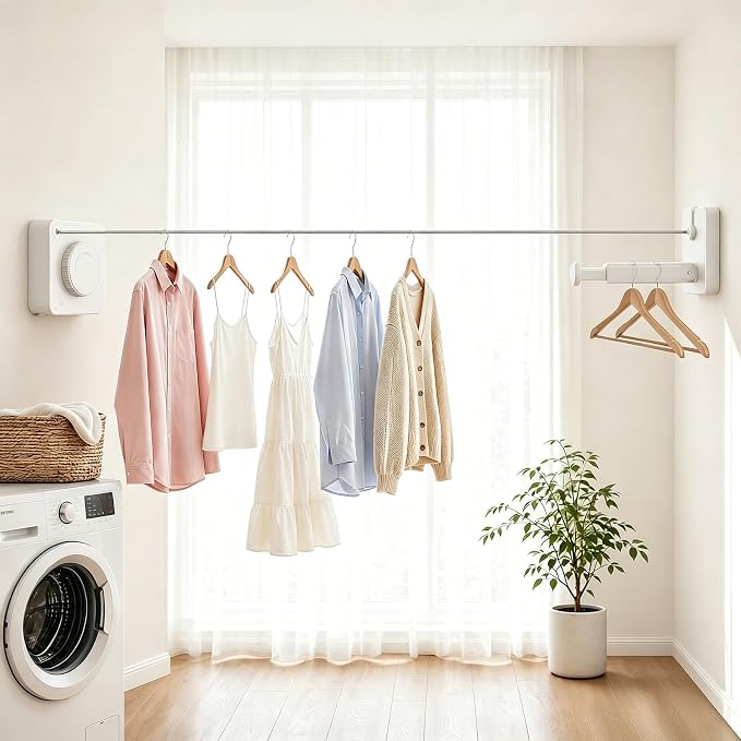 Anti-Sag Retractable Clothesline 40LB Capacity - 201in Stainless Steel Laundry Line for Indoor Outdoor, Wall Mounted Space Saving Easy Install (White, with Pole)