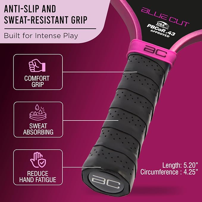 Blue Cut Pickleball Paddle – USAPA Approved Pickleball Paddles Racket with T700 Carbon Fiber, 16mm Honeycomb Core, Spin Surface, Pro Power Speed & Control – Includes Carry Bag
