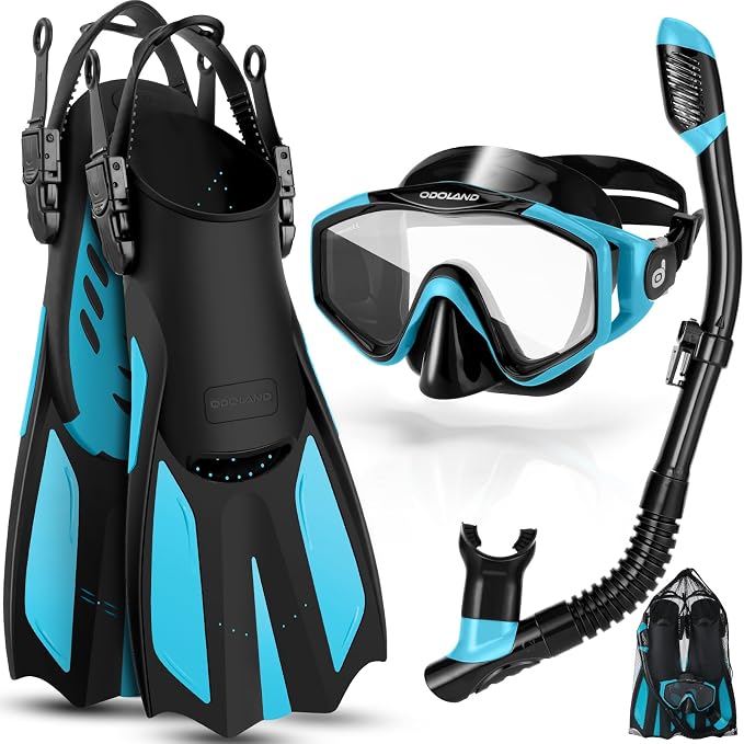 Odoland Snorkel Set, Adults Snorkeling Packages with Dry Top Diving Mask, Adjustable Swim Fins, Mesh Bag, Anti-Fog Anti-Leak Snorkeling Gear for Men Women