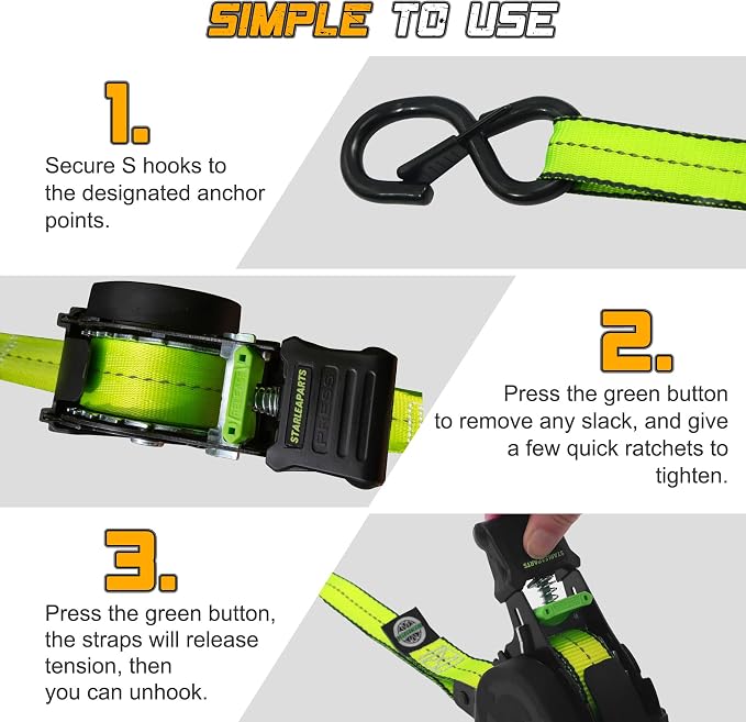 STARLEAPARTS Retractable Ratchet Straps(4PK 1.0INX12FT) - 1,500lb Break Strength, Ratchet Strap Heavy Duty with Rubber Coated Handle, Perfect Auto Ratchet Straps for Motorcycle, Kayak and Trucks