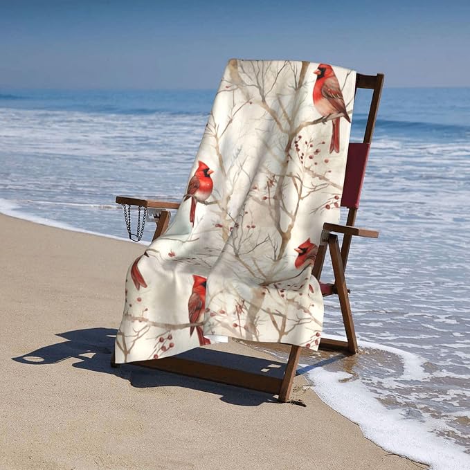 Cute Bird Beach Towel,32x52in,Quick-Dry Sand-Free Bath Towels,Microfiber Lightweight for Travel Pool Yoga Beach Outdoor Activities Decor Accessories Gifts (Retro Red Cardinal)