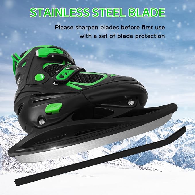 MammyGol Adjustable Ice Skates for Kids Youth Tean Hockey Lace-Up Boys or Girls Ice Skate for Beginner Age 4-12 Blue Black Teal Green
