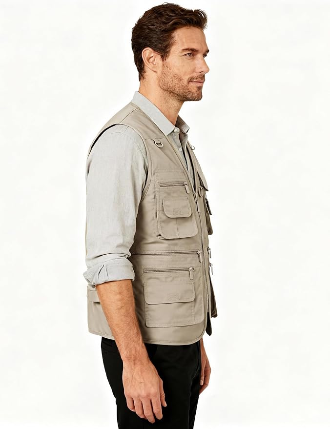 Flygo Men's Fishing Vest Utility Lightweight Outdoor Travel Safari Photo Cargo Vest with 16 Pockets