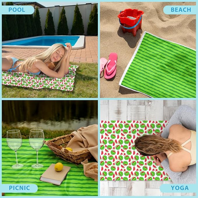 2 Pcs Microfiber Beach Towel Sand Free Quick Dry Oversized Watermelon Rind Striped Summer Style Green Lime Lightweight Bath Towels for Travel Pool Swim Camping 71 x 32 Inches