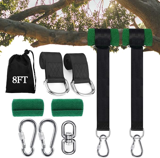 Tree Swing Straps Hanging Kit (Set of 2), 3FT/8FT/10FT/20FT/30FT Tree Swing Straps Holds 5000 lbs with Tree Protector, Heavy Duty Carabiner and Swivel Perfect for Swings & Hammocks(8 FT)
