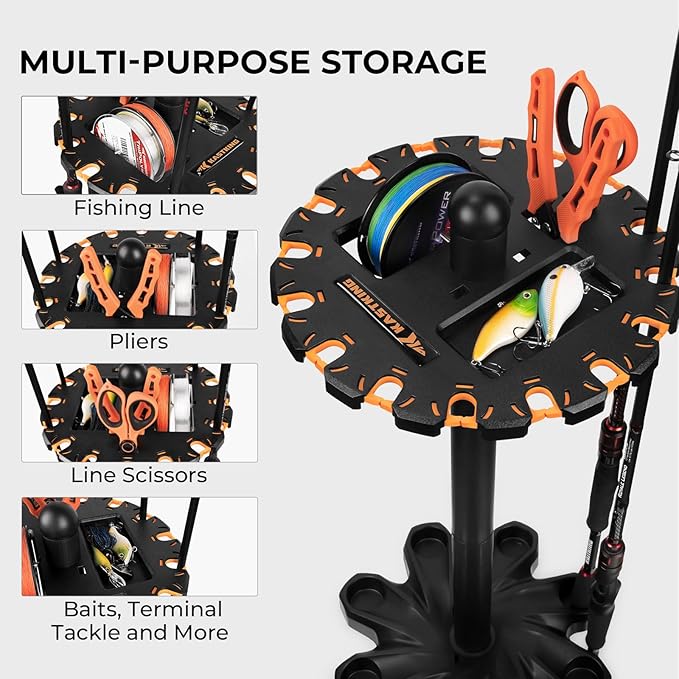 KastKing V16 Rotating Fishing Rod Holder for Garage, Floor Rack Holds Up to 16 Rods & Combos, Space-Saving Pole Organizer with Foam, Durable ABS, Fishing Gear Storage Gift for Men
