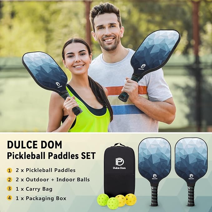 Dulce DOM Pickleball Paddles Set of 2/4 - USAPA Approved, 4 Indoor Outdoor Pickleball Balls, Fiberglass Surface Paddle Racket with Cover Bag, Ideal Training Equipment Gift for Men & Women
